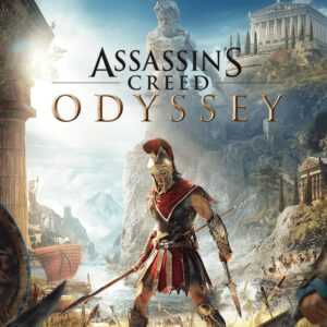 Обложка игры Assassin's Creed Odyssey с изображением древнегреческого воина на фоне классических строений и кораблей.