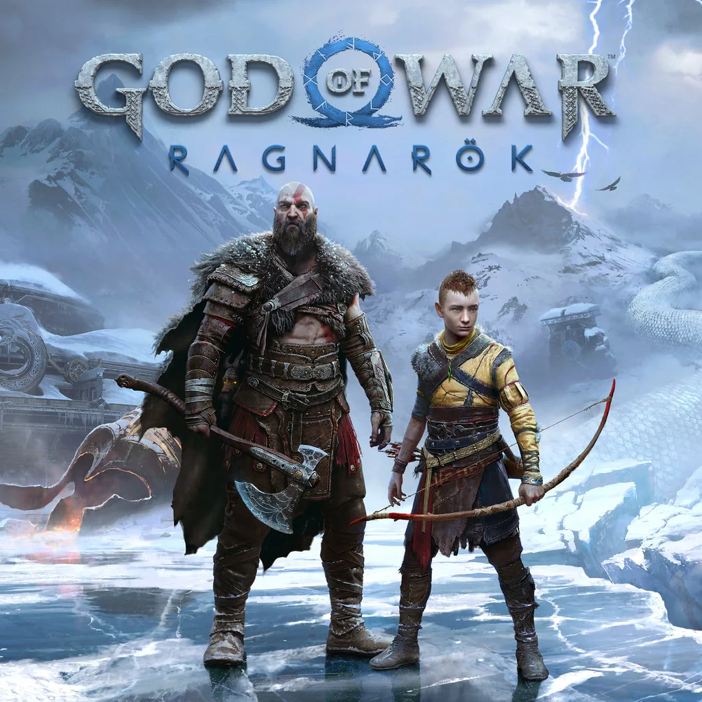 Кратос и Атрей на фоне заснеженных гор в игре God of War: Ragnarok