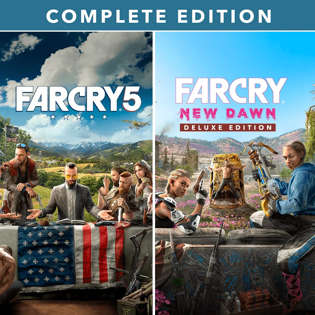 Far Cry 5 и Far Cry New Dawn Deluxe Edition – Complete Edition для PS4 и PS5, аренда и продажа, подписки на игры Обложки игр Far Cry 5 и Far Cry New Dawn Deluxe Edition в комплекте Complete Edition
