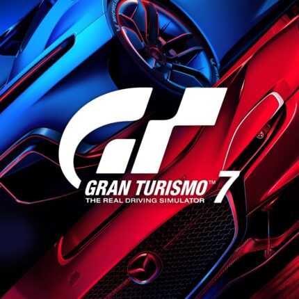 Логотип Gran Turismo 7 с изображением спортивных автомобилей на фоне