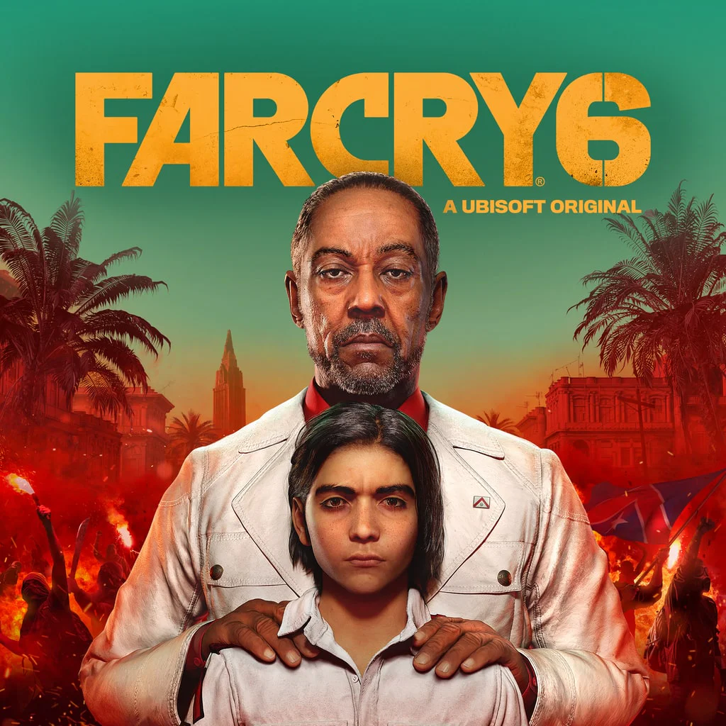 Антагонист Антон Кастильо и его сын из игры Far Cry 6 на фоне революции