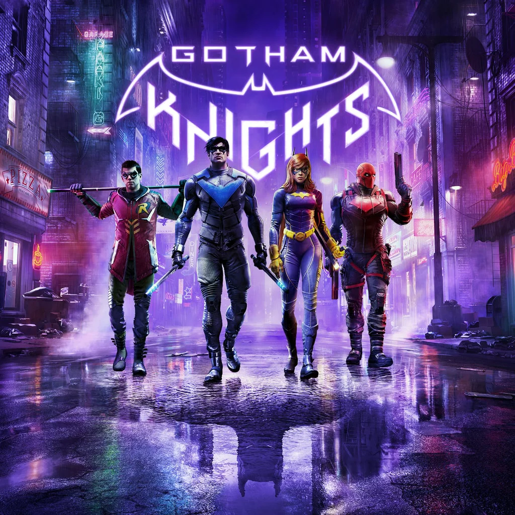Gotham Knights – игры PS4 и PS5, аренда и продажа, подписки на игры Герои игры Gotham Knights: Робин, Найтвинг, Бэтгёрл и Красный Колпак на фоне ночного Готэма