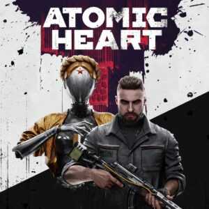 Обложка игры Atomic Heart с изображением главного героя и андроида на фоне советской архитектуры.