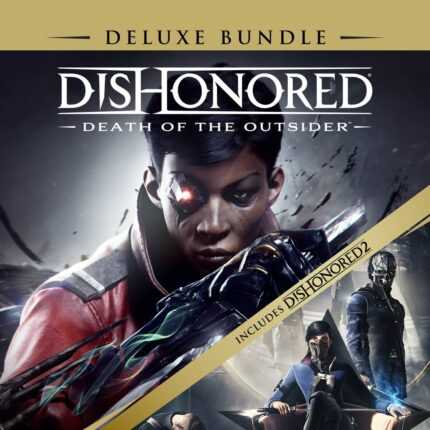 Обложка Deluxe Bundle игры Dishonored: Death of the Outsider с изображением главного героя и включает Dishonored 2.