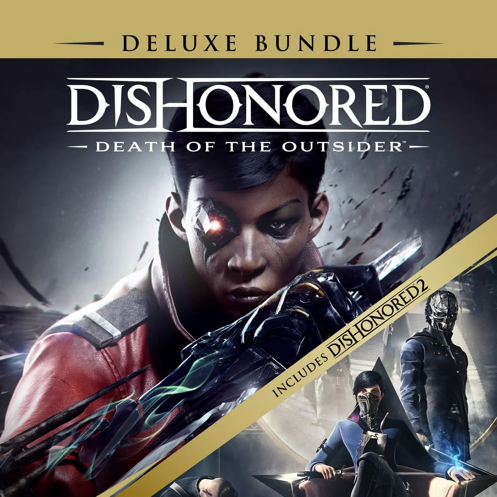 Deluxe Bundle Dishonored: Death of the Outsider – аренда и продажа игр PS4 и PS5 Обложка Deluxe Bundle игры Dishonored: Death of the Outsider с изображением главного героя и включает Dishonored 2.