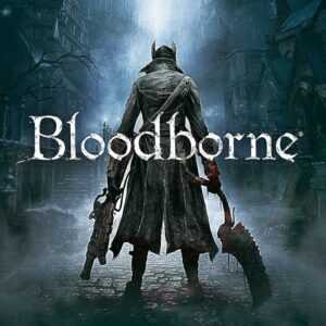 Обложка игры Bloodborne с изображением охотника в мрачном готическом городе.