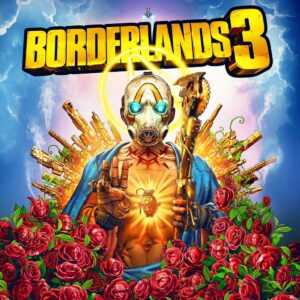 Главный герой игры Borderlands 3 с маской и оружием, окруженный цветами и оружием
