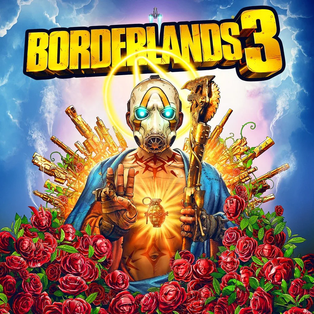 Borderlands 3 – игры PS4 и PS5, аренда и продажа, подписки на игры Главный герой игры Borderlands 3 с маской и оружием, окруженный цветами и оружием