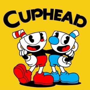 Персонажи из игры Cuphead на желтом фоне