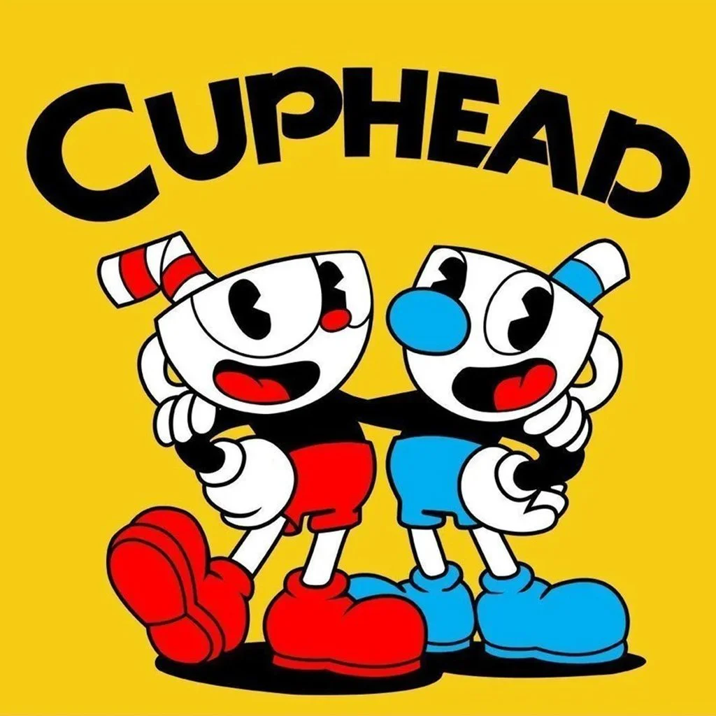 Персонажи из игры Cuphead на желтом фоне