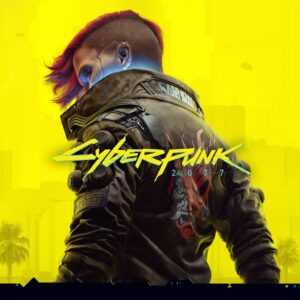 Персонаж из игры Cyberpunk 2077 в кожаной куртке на ярко-желтом фоне
