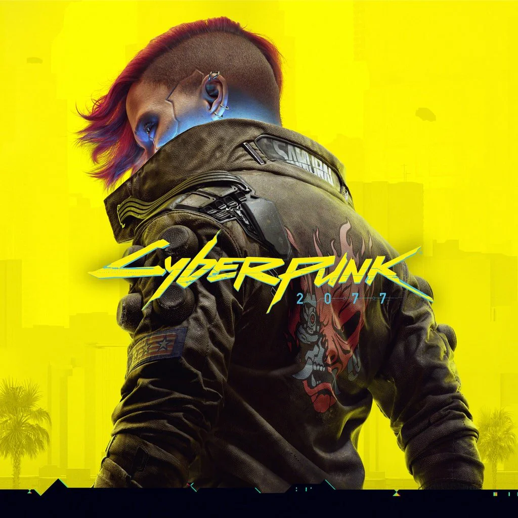 Cyberpunk 2077 – игры PS4 и PS5, подписки на игры, дополнения к играм Персонаж из игры Cyberpunk 2077 в кожаной куртке на ярко-желтом фоне
