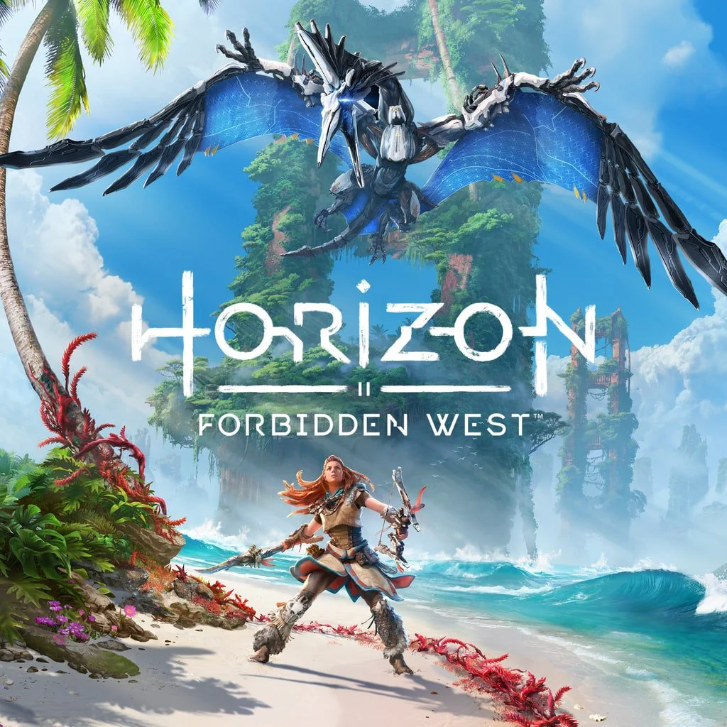 Эпические приключения в Horizon Forbidden West – аренда и продажа игр PS4 и PS5 Обложка игры Horizon Forbidden West с изображением Элой, сражающейся с механическим существом на фоне тропического острова