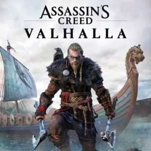 Обложка игры Assassin's Creed Valhalla с изображением викинга Эйвора на фоне драккара