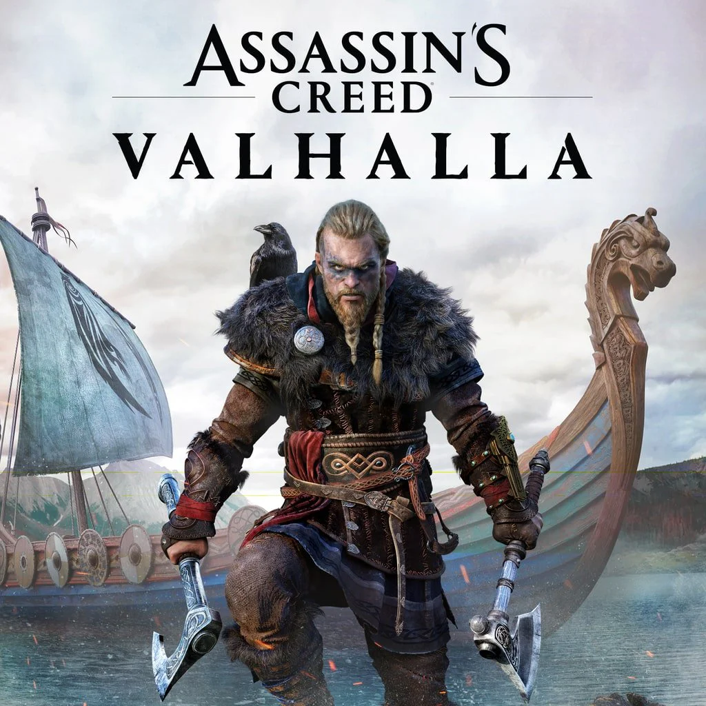 Приключения викингов в Assassin’s Creed Valhalla – аренда и продажа игр PS4 и PS5 Обложка игры Assassin's Creed Valhalla с изображением викинга Эйвора на фоне драккара