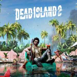 Обложка игры Dead Island 2 с изображением персонажа, отдыхающего в бассейне на фоне зомби-апокалипсиса.