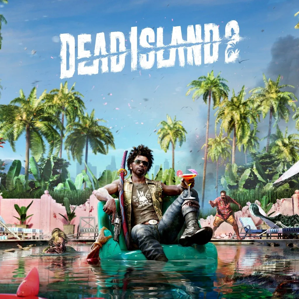 Обложка игры Dead Island 2 с изображением персонажа, отдыхающего в бассейне на фоне зомби-апокалипсиса.