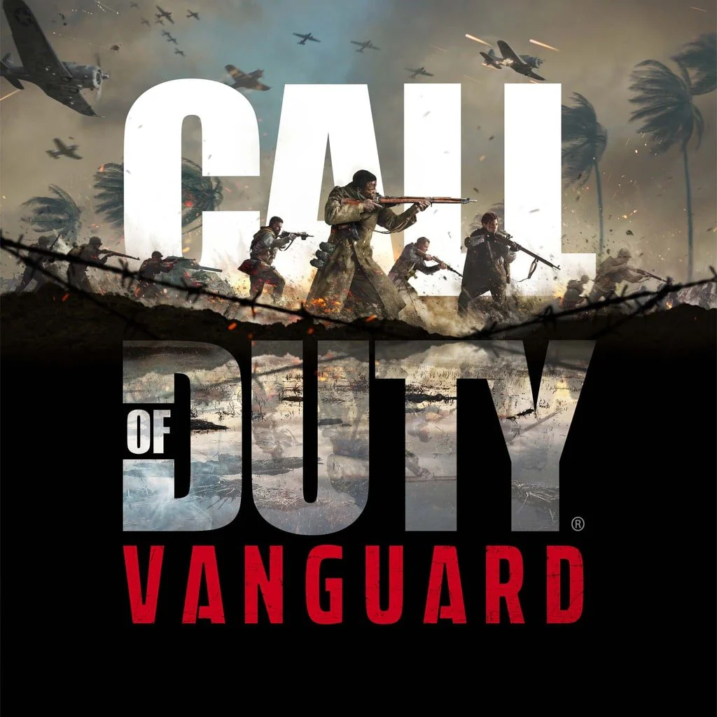 Обложка игры Call of Duty: Vanguard с изображением солдат, атакующих на фоне боевых действий и самолетов.