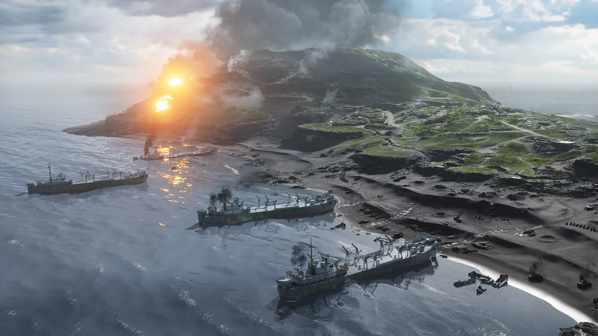 Изображение боевых кораблей у берегов острова во время сражения в игре Battlefield V.