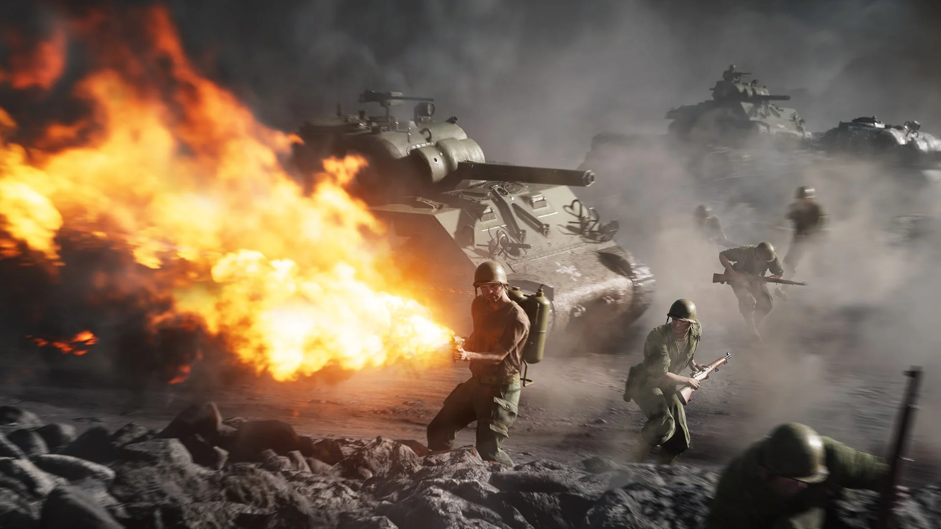 Сцена из Battlefield V с солдатом, использующим огнемет на поле боя.