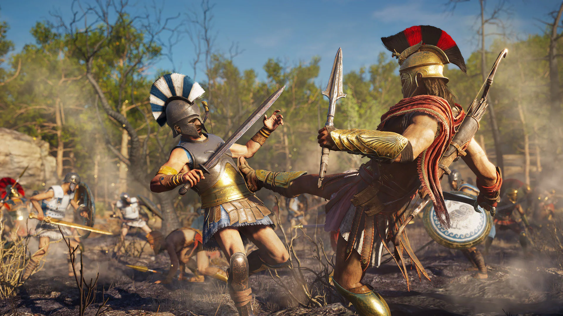 Сражение между древнегреческими воинами в игре Assassin's Creed Odyssey.