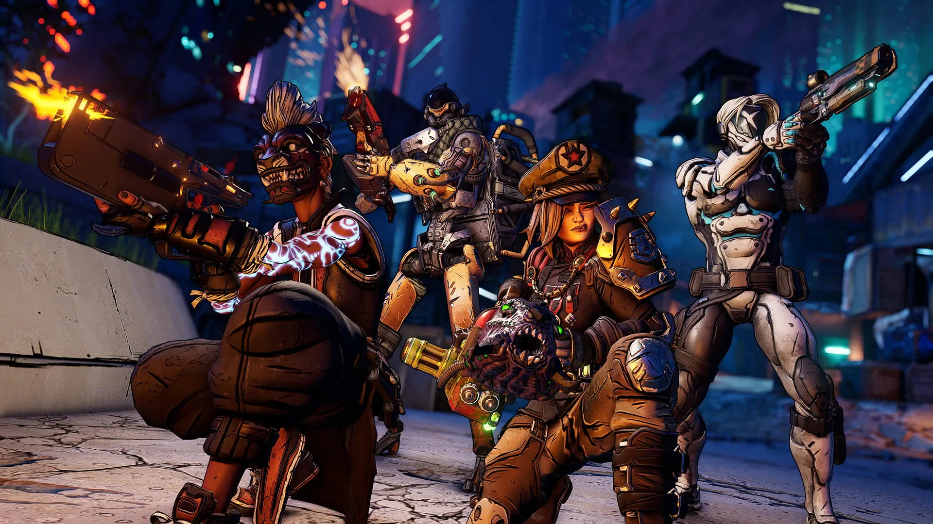 Группа персонажей с оружием в ярком мире игры Borderlands.