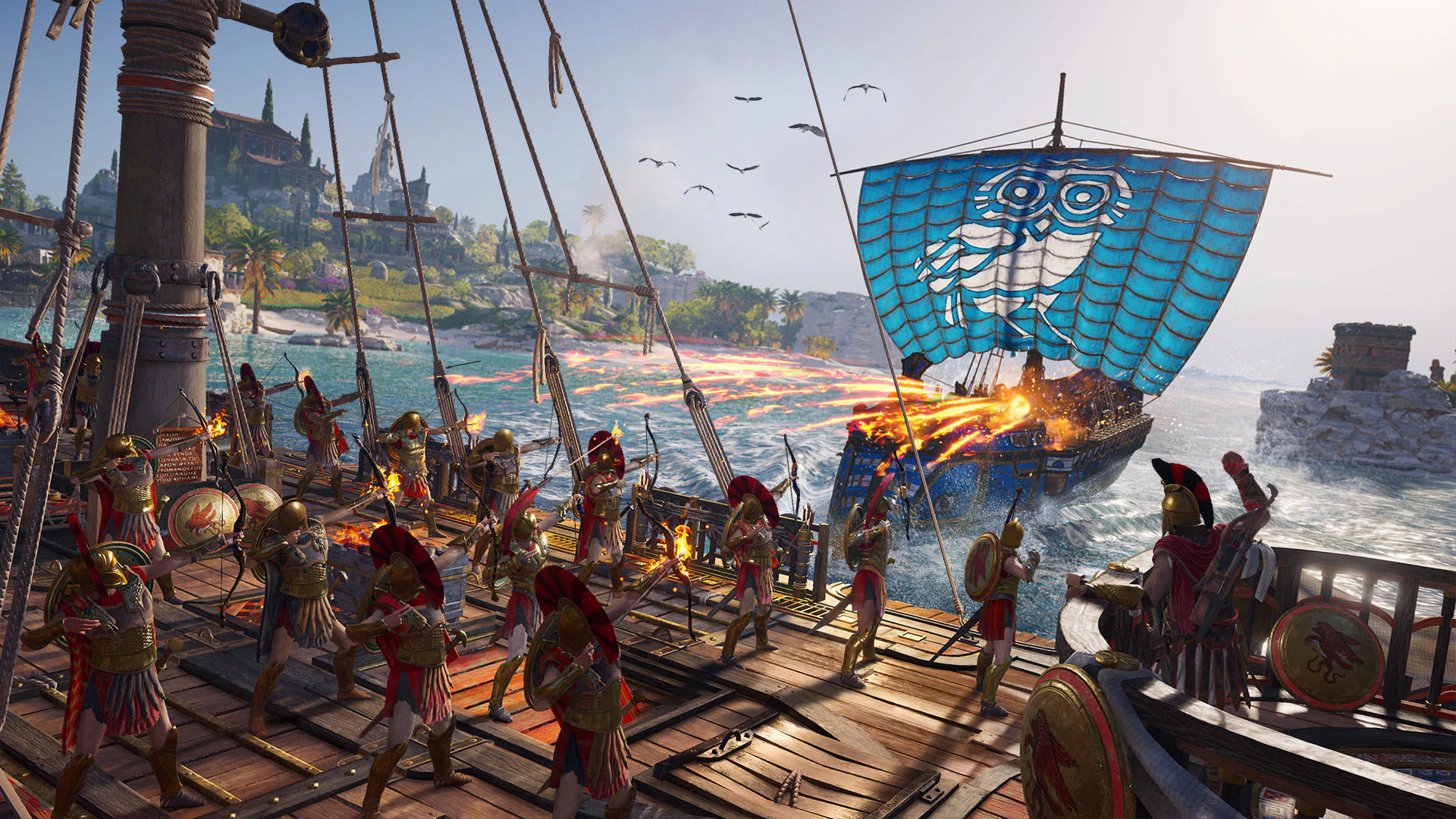 Морское сражение в Assassin's Creed Odyssey, где древнегреческие воины сражаются на боевых кораблях у берегов живописного острова.