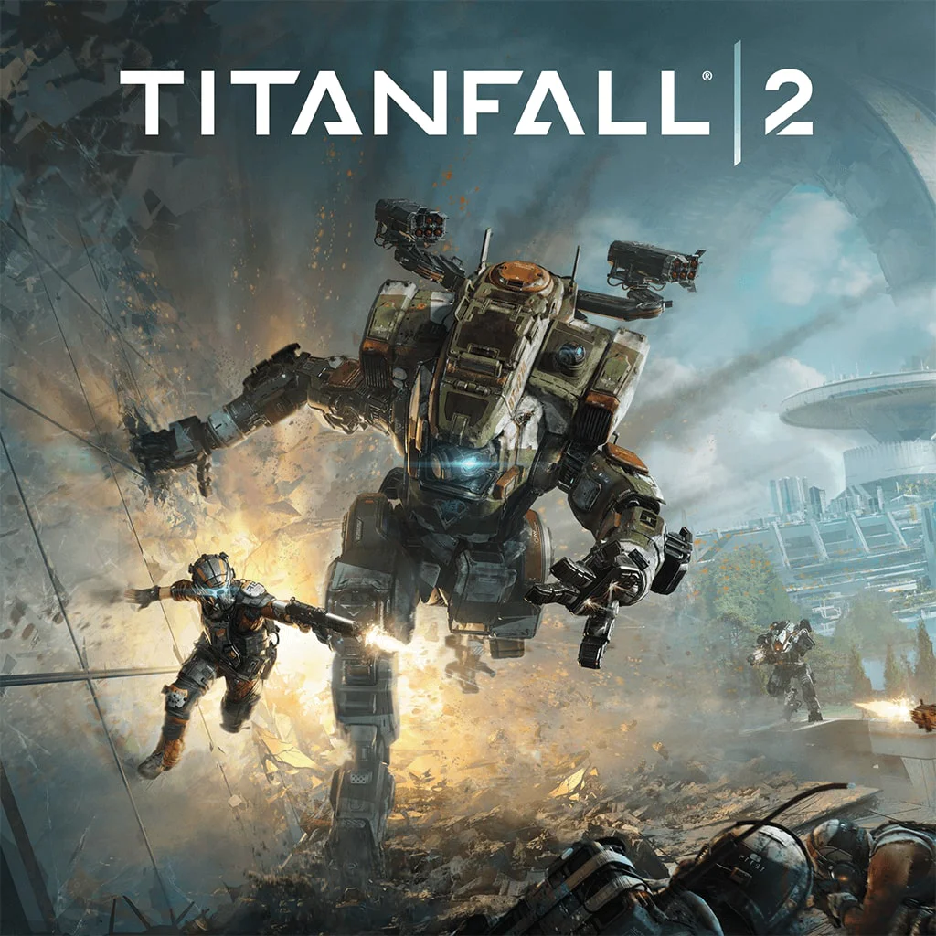 Аренда и продажа игры Titanfall 2 для PS4 и PS5 – Экшн и сражения с меха-роботами Меха-робот и солдат в бою на обложке игры Titanfall 2
