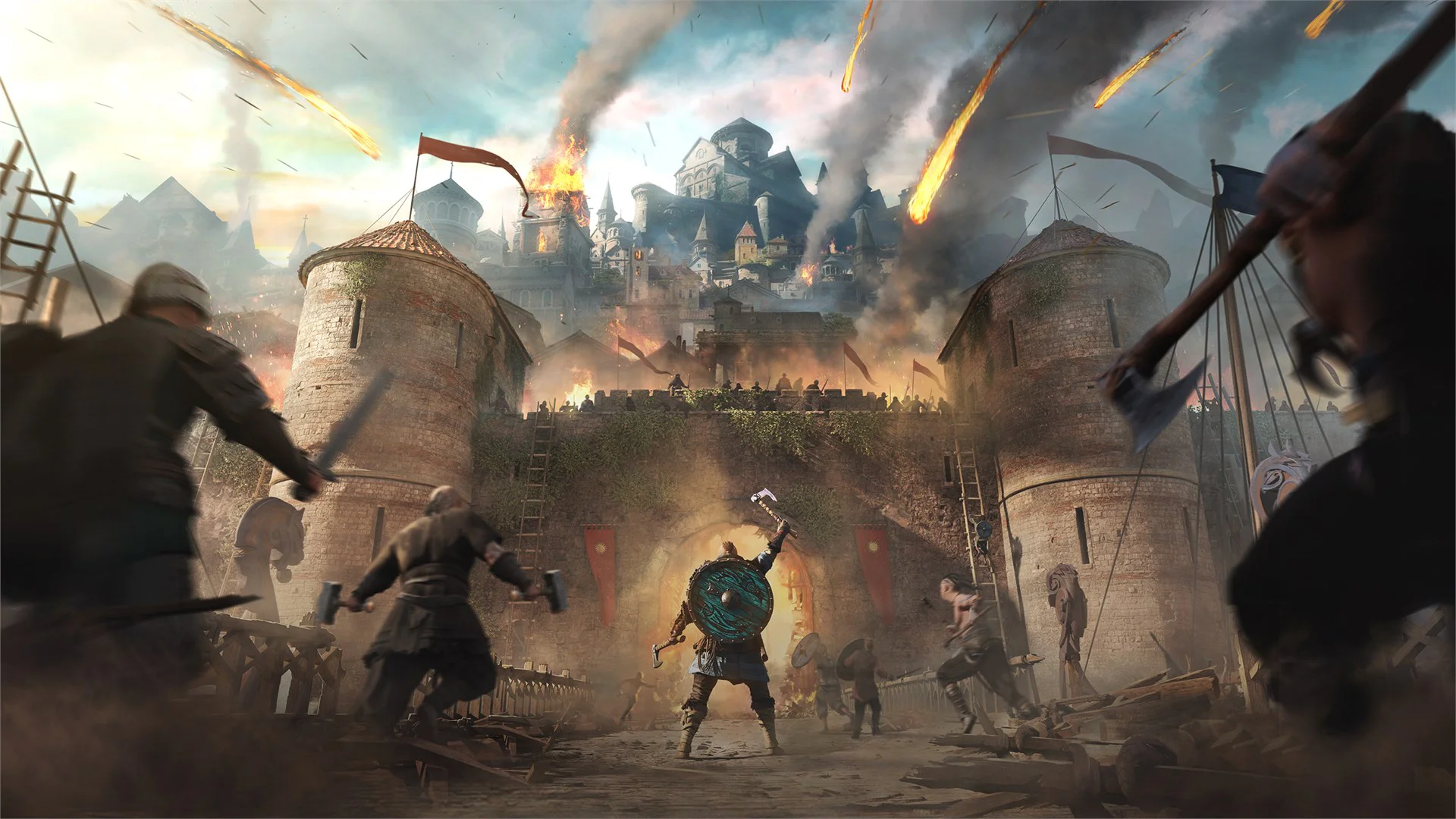 Викинги штурмуют замок под градом огненных стрел в игре Assassin's Creed Valhalla.