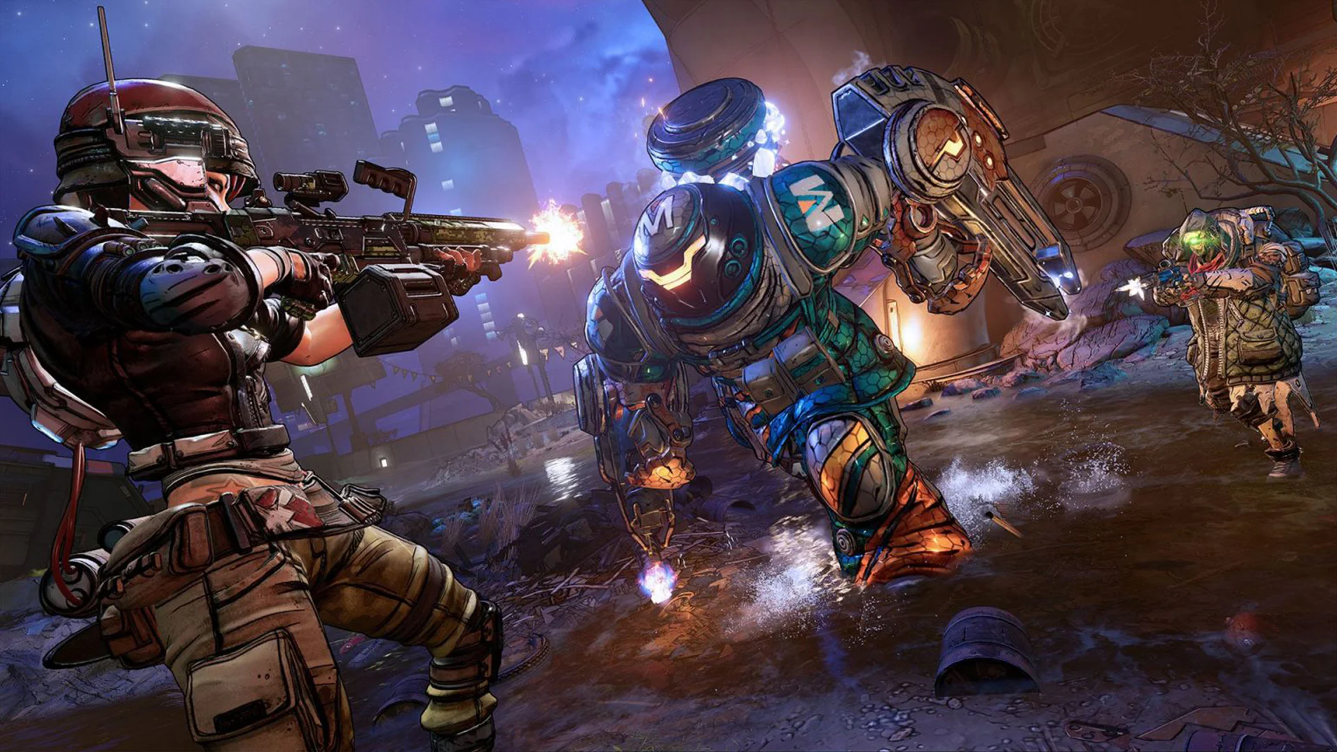 Герои игры Borderlands ведут бой с роботизированным противником в ночном городе.