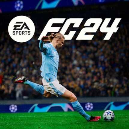 Футболист в голубой форме на футбольном поле на обложке игры EA Sports FC 24