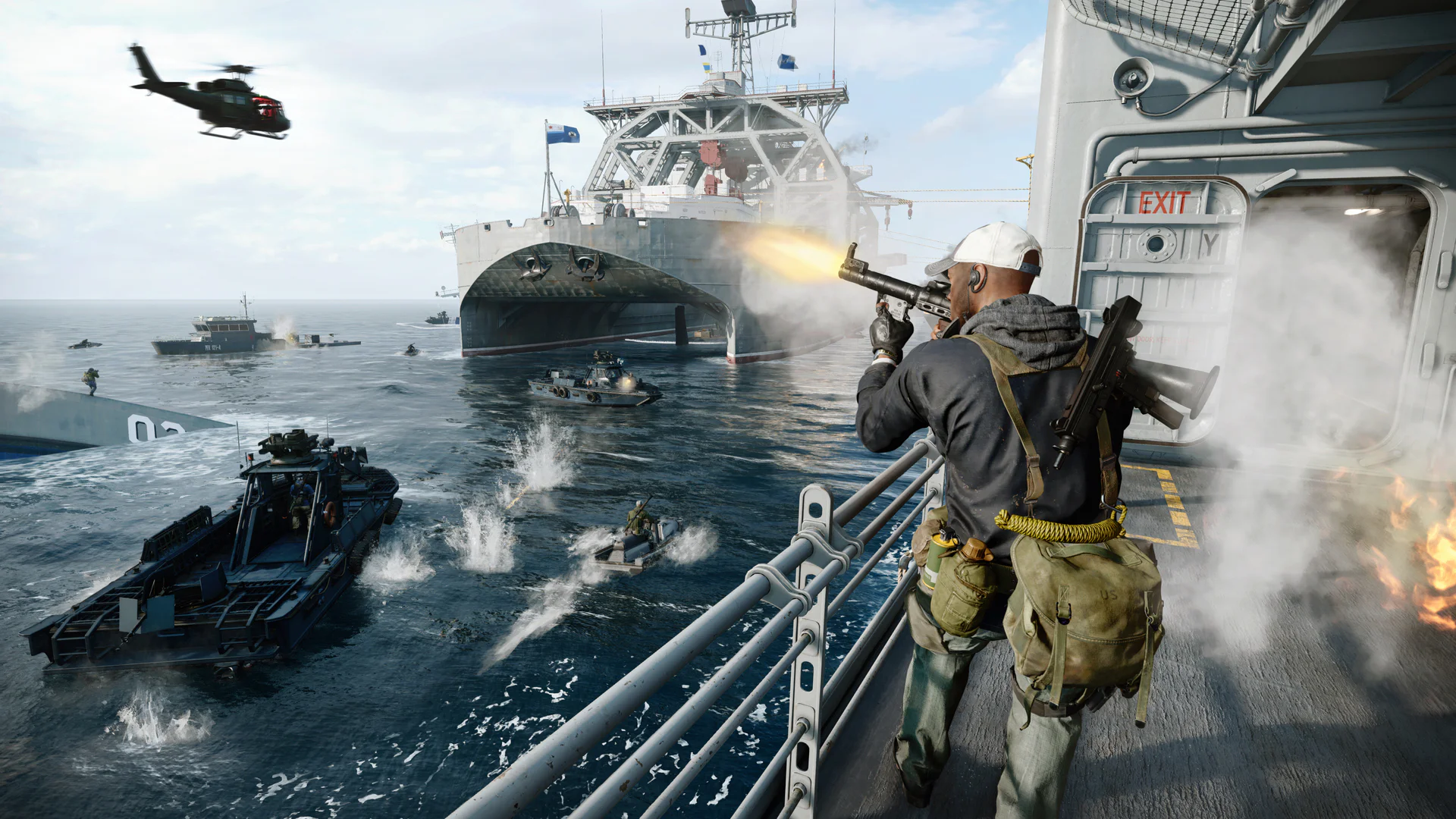 Солдат стреляет с корабля по водным и воздушным целям в игре Call of Duty Black Ops Cold War.