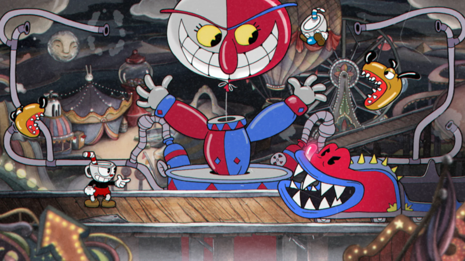 Изображение сцены сражения в игре Cuphead, главный герой сражается с большим клоуном и его приспешниками.