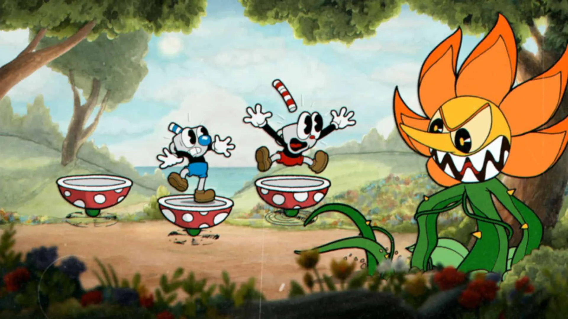 Сцена сражения персонажей Cuphead и Mugman против огромного цветочного босса в игре Cuphead.