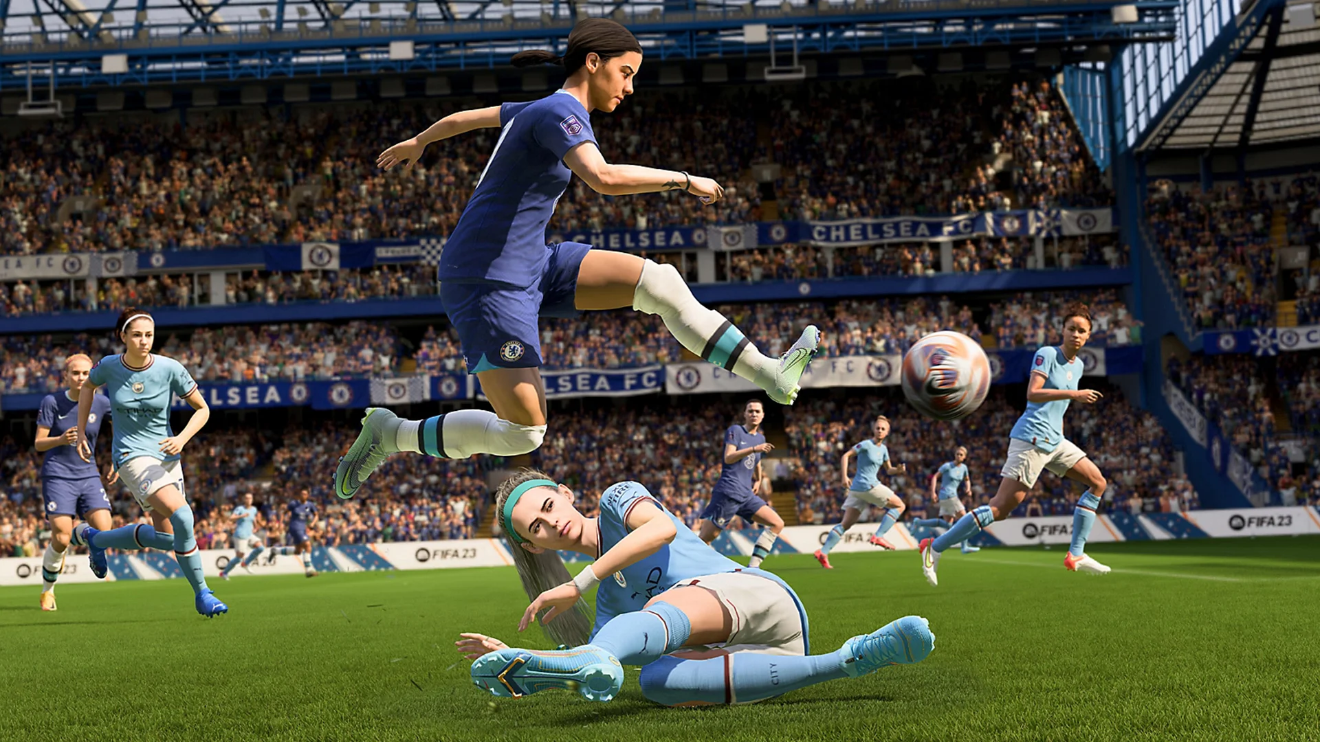 Изображение женского футбольного матча в игре FIFA 2023, игроки команд Челси и Манчестер Сити на поле