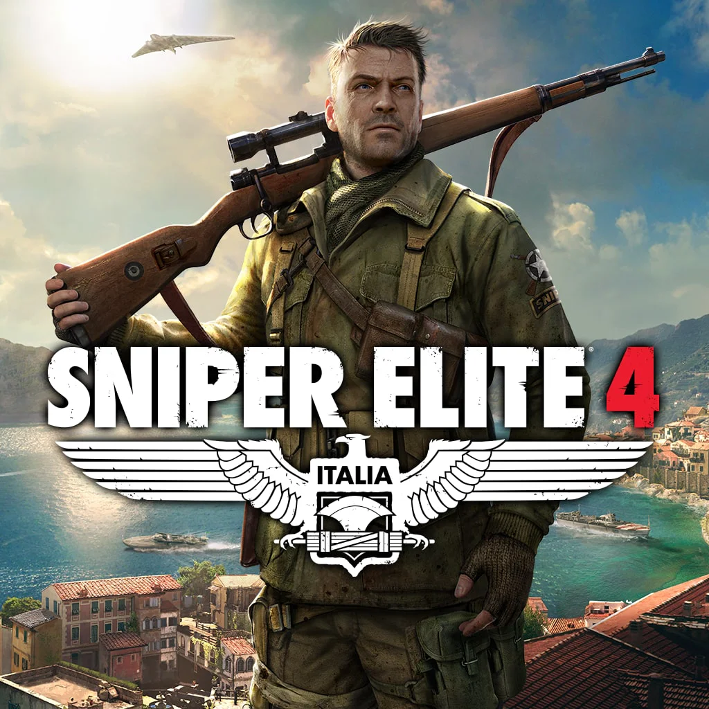Снайпер с винтовкой на фоне итальянского побережья на обложке игры Sniper Elite 4