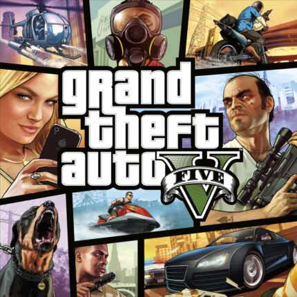 Обложка игры Grand Theft Auto V с изображением различных сцен и персонажей игры.