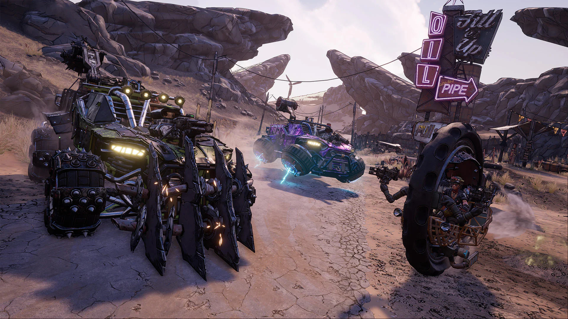 Бронированные машины сражаются в пустыне в игре Borderlands.