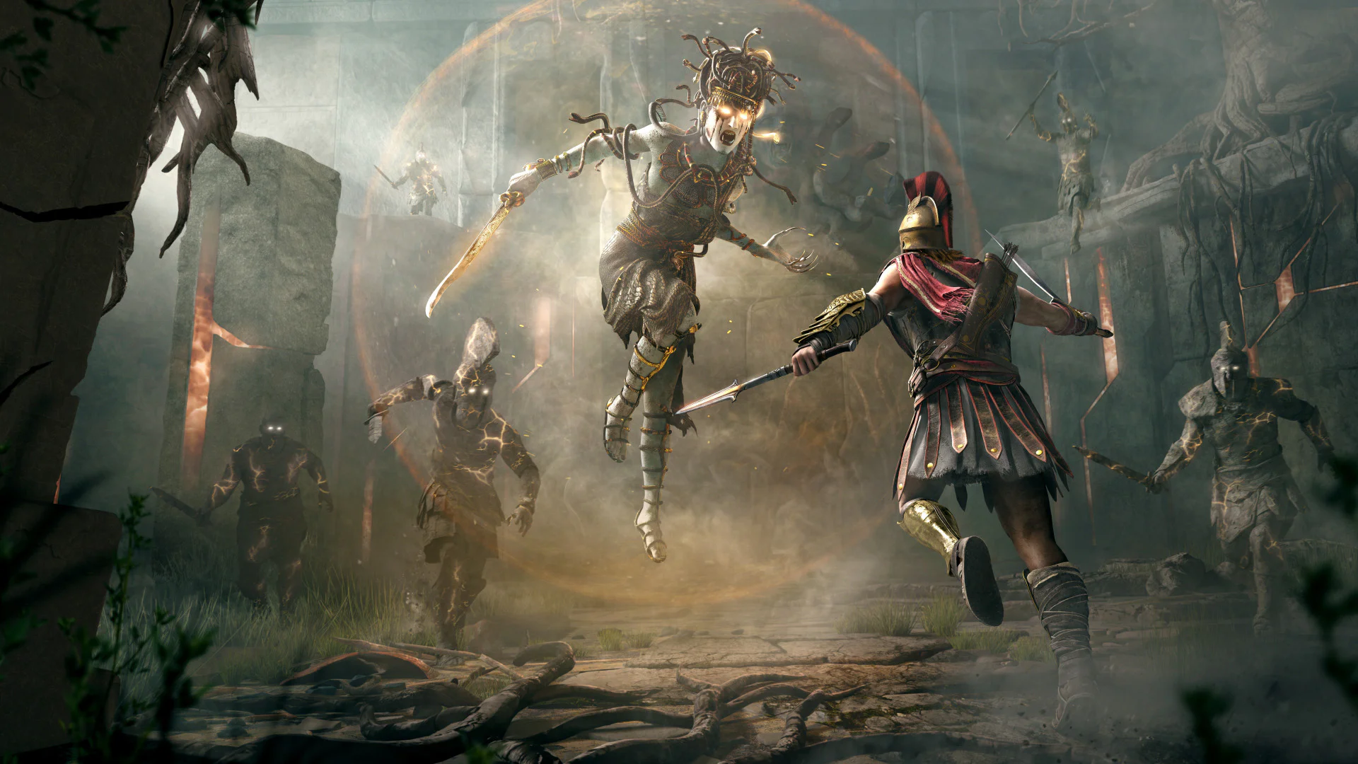 Сцена боя из Assassin's Creed Odyssey, где главный герой сражается с Медузой Горгоной в мрачном подземелье.