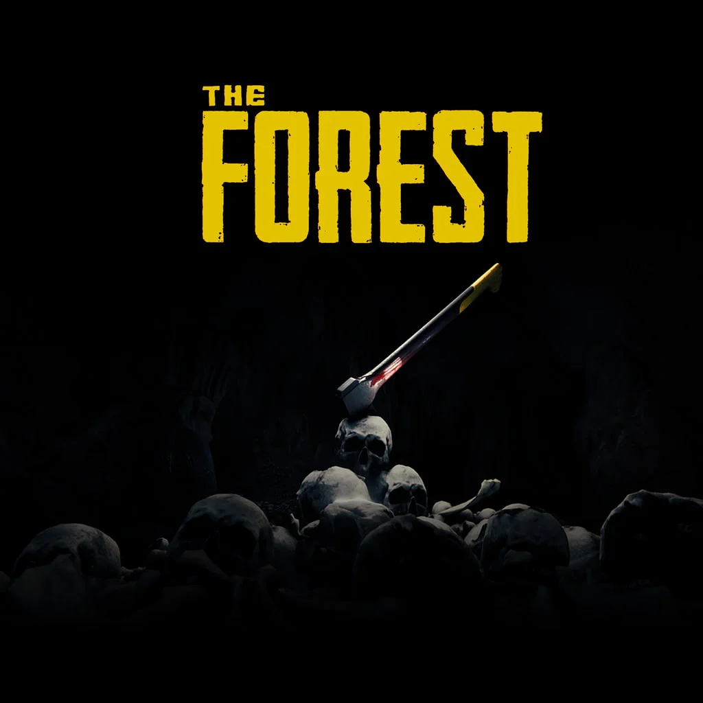 Обложка игры The Forest с топором в черепе