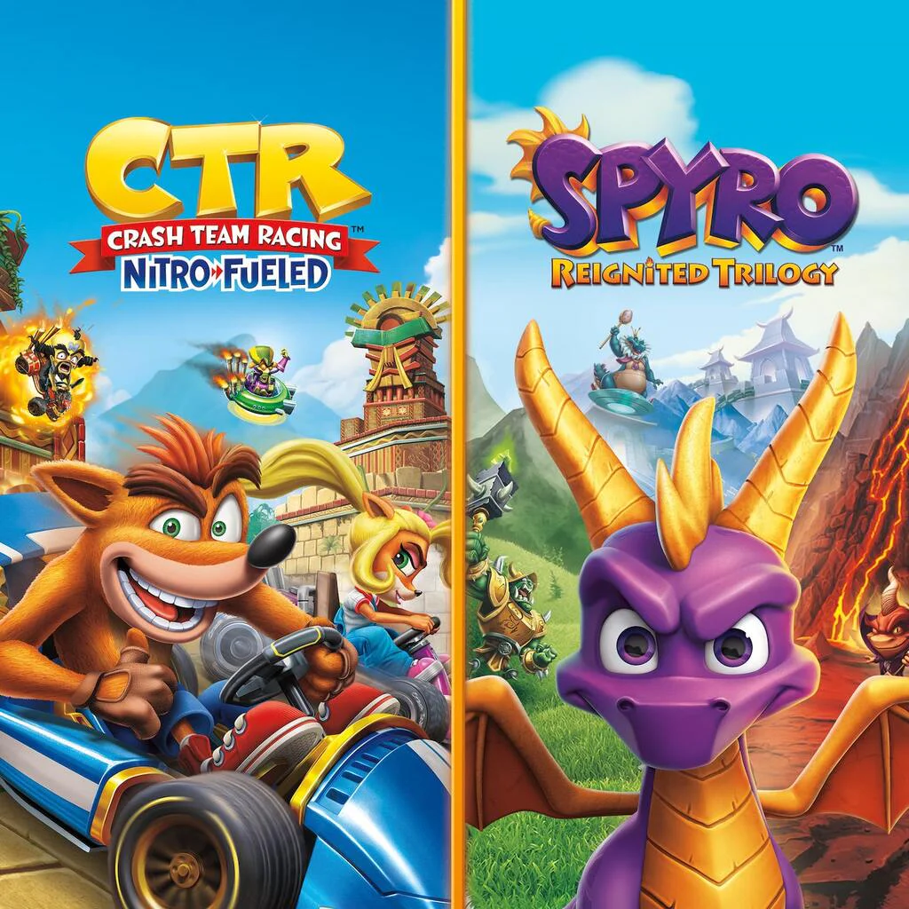 Обложка сборника игр Crash Team Racing Nitro-Fueled и Spyro Reignited Trilogy с изображением Крэш Бандикут и Спайро.