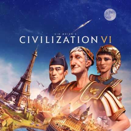 Обложка игры Civilization VI с изображением лидеров цивилизаций, таких как Клеопатра и Цезарь, на фоне известных мировых достопримечательностей.