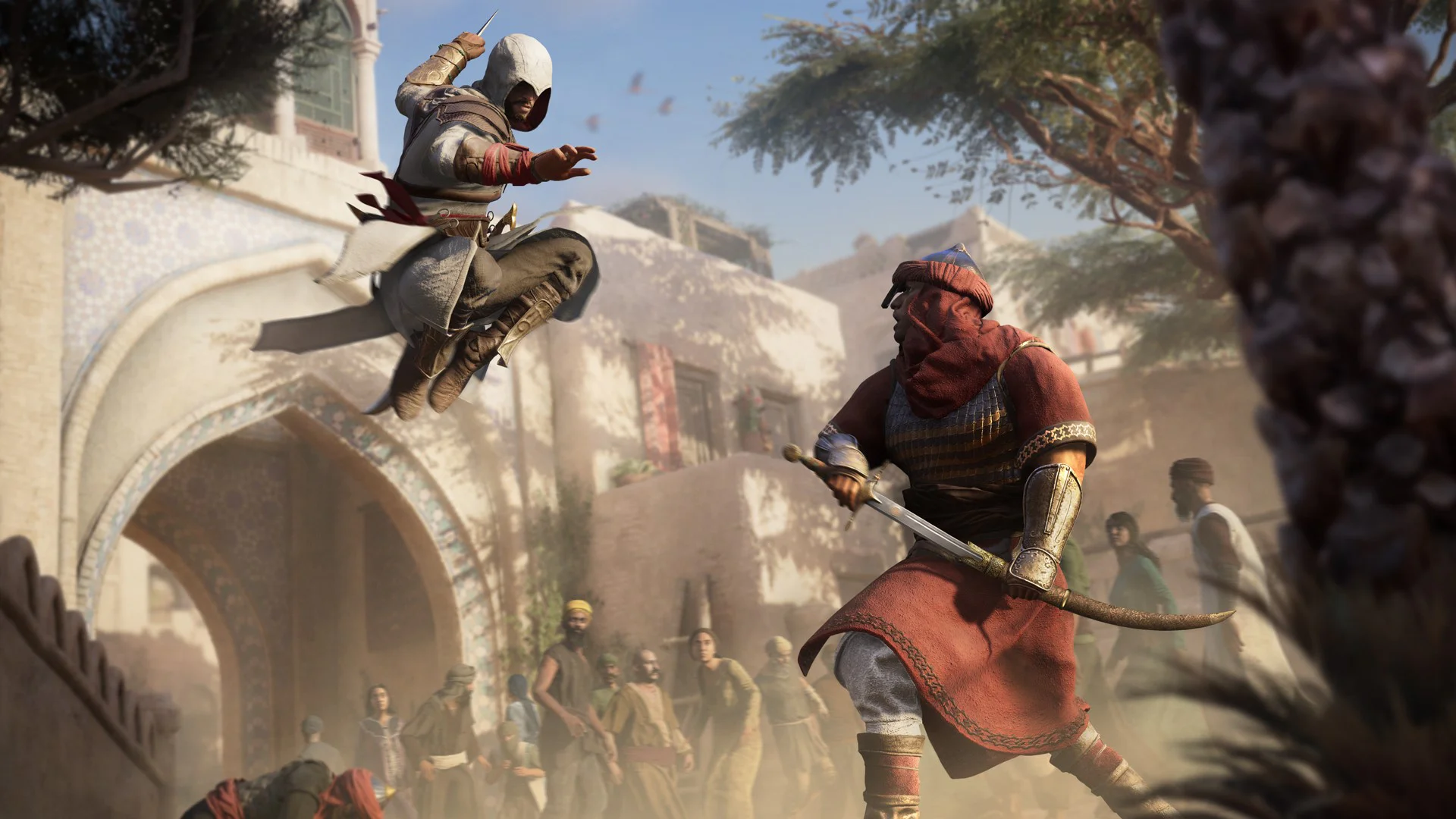Ассасин в прыжке атакует противника в игре Assassin's Creed Mirage.