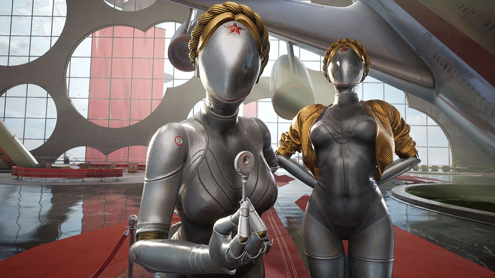 Два робота с женскими фигурами в футуристическом здании в игре Atomic Heart.