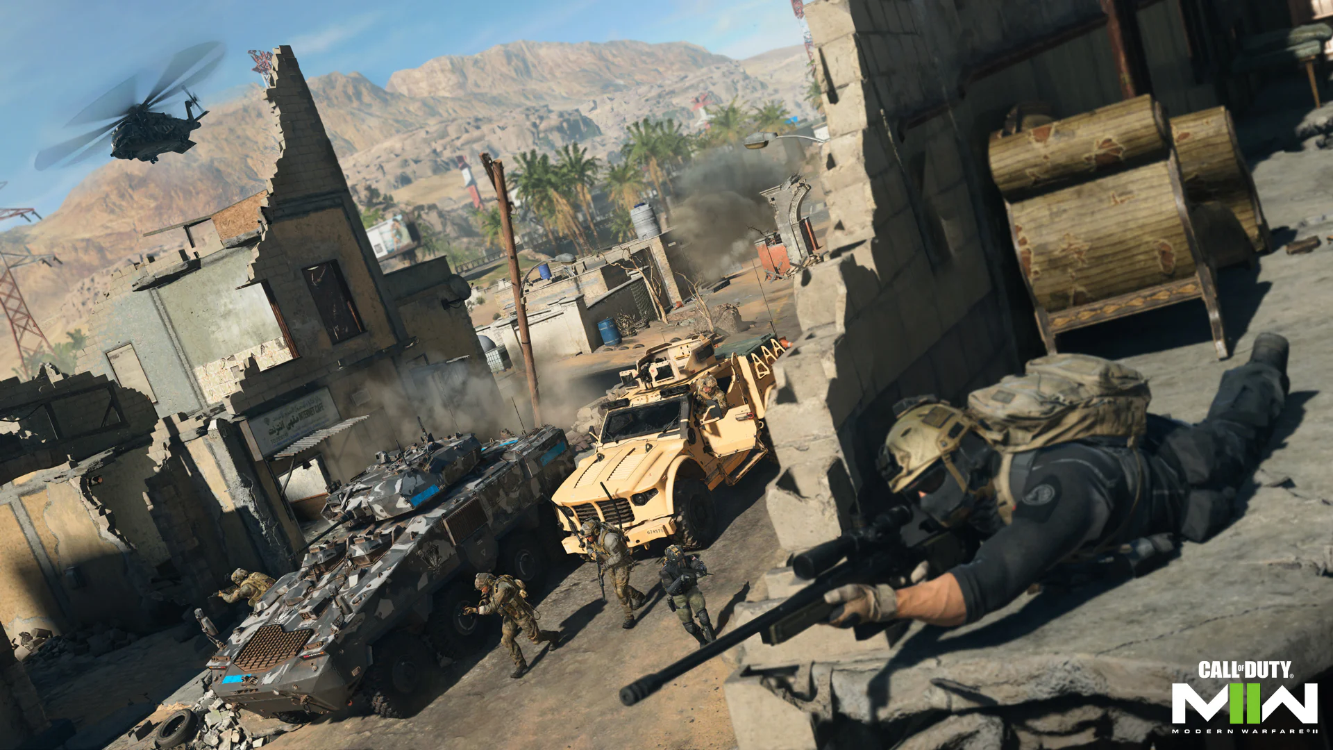 Солдаты в боевой операции с вертолетами и бронетехникой в игре Call of Duty: Modern Warfare 2.