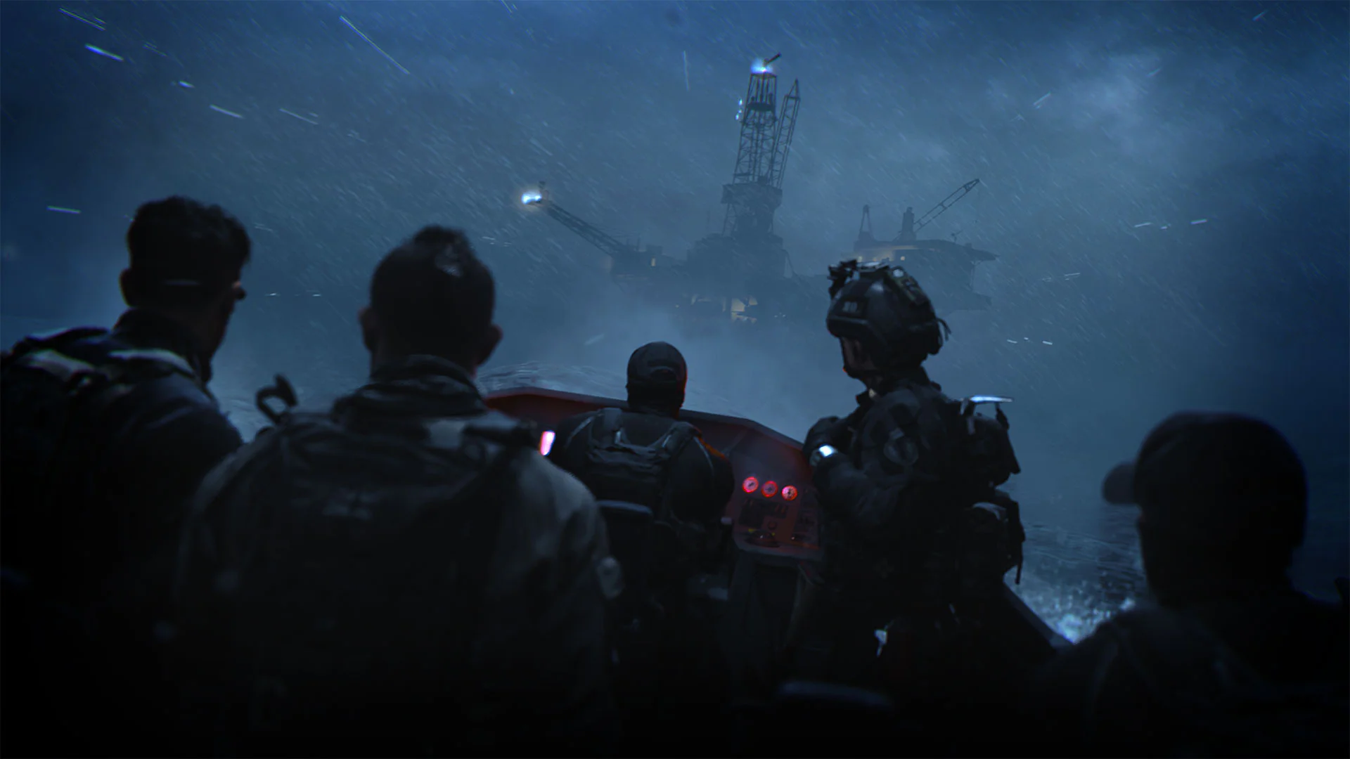 Команда солдат на лодке приближается к нефтяной платформе ночью в игре Call of Duty: Modern Warfare 2.