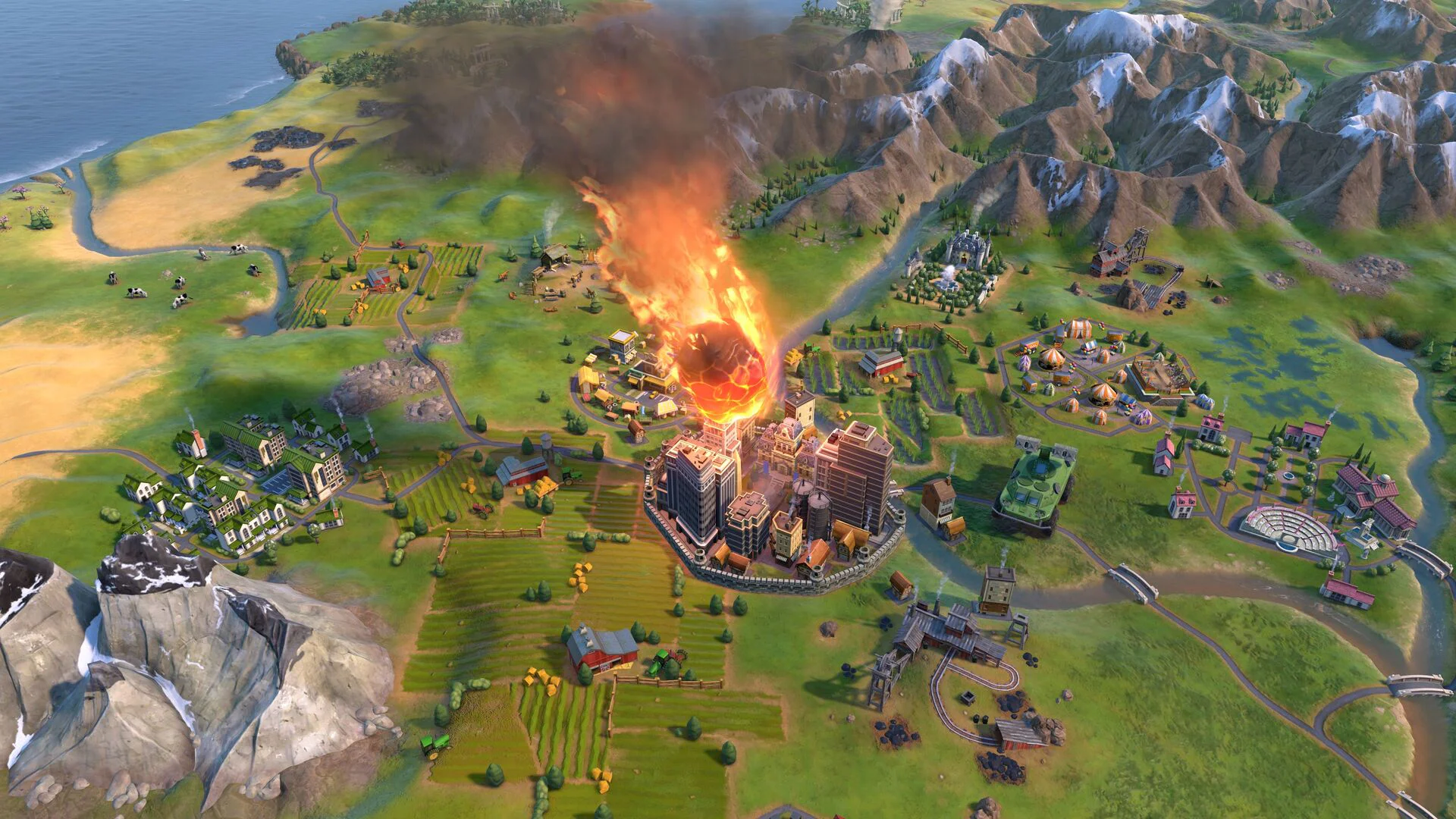 Скриншот игрового процесса Civilization VI с изображением падающего метеорита и горящих городов.