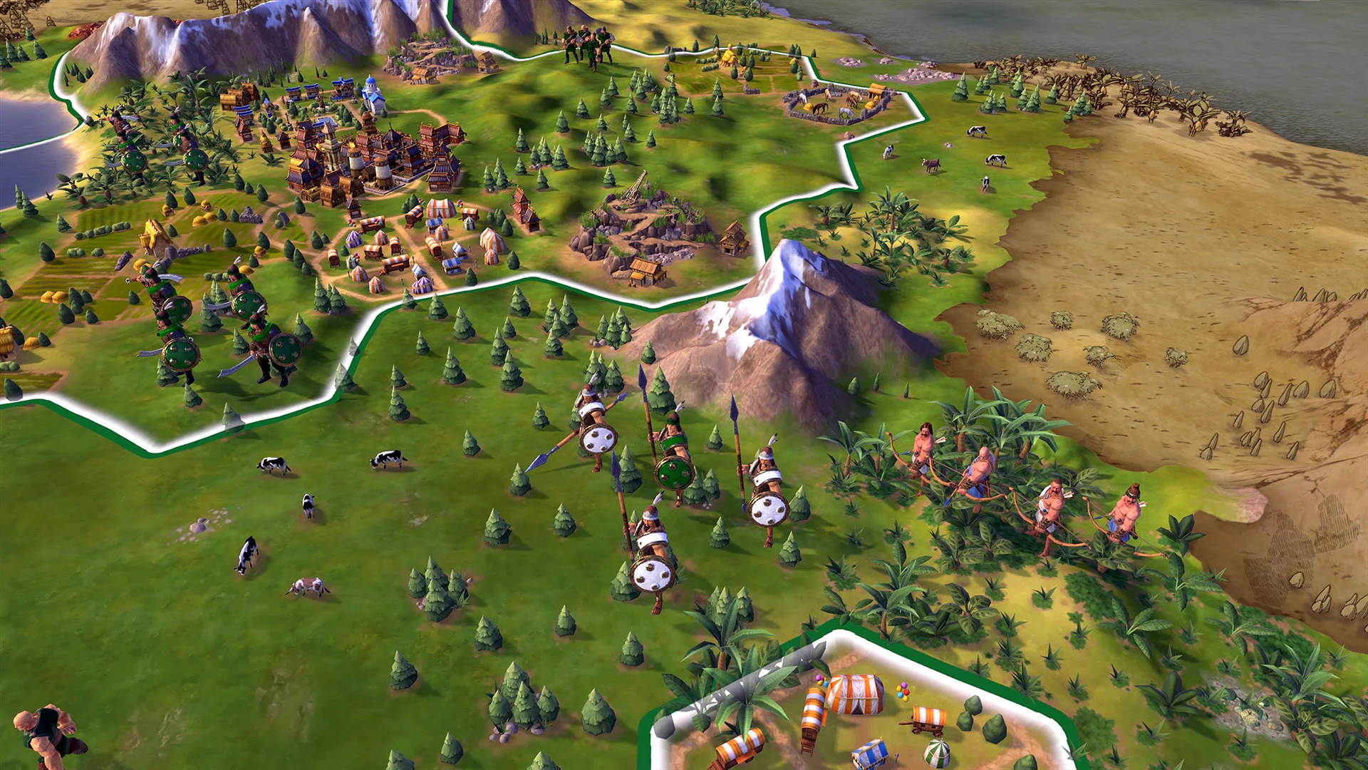 Скриншот игрового процесса Civilization VI с изображением армии, городов и гор.