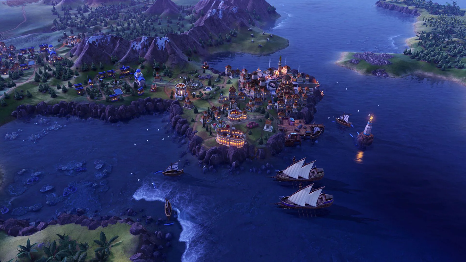 Скриншот ночного игрового процесса Civilization VI с изображением города на побережье и кораблей.