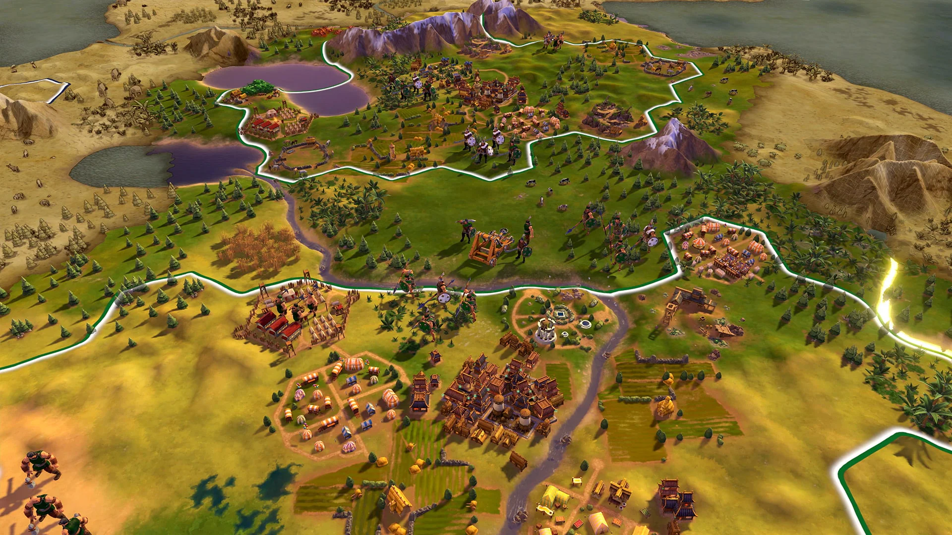 Скриншот игрового процесса Civilization VI с изображением территории с городами, полями и горами.